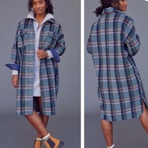 Anthropologie Blue, Green, and Pink Plaid Coat